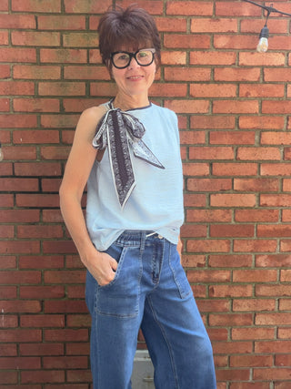Karina Vintage Muse Scarf-Tie Blouse - Blue-Tops Casualtrend:notes Karina Vintage Muse Scarf-Tie Blouse - Blue | VerClare Boutique-Shop the trend:notes Karina Vintage Muse Scarf-Tie Blouse in Blue. Rayon-linen blend, scarf-tie neck, vintage-inspired silhouette, lightweight woven. Sizes S–L.-VerClare Boutique