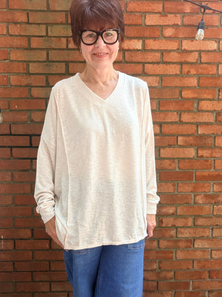 Linden Long Sleeve Top - 3 Colors-Tops Basic SolidLinden Long Sleeve Top | Natural, Navy & Seagrass V-Neck – Wasabi & Mint | VerClare Boutique-Shop the Wasabi & Mint Linden Long Sleeve Top — V-neck, relaxed fit, 62% rayon blend. Available in Natural, Navy & Seagrass. Sizes S–L. Ships fast.-VerClare Boutique