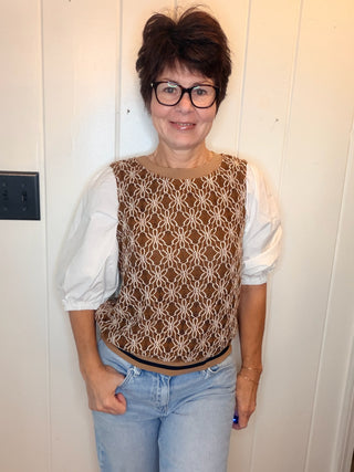 Erika Contrast Sleeve Crochet Top-TopsMocha Floral Crochet Contrast Sleeve Top | VerClare-Shop the Erika mocha contrast-sleeve top with floral crochet detailing and striped banded accents. True to size in S, M, and L.-VerClare Boutique