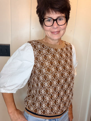 Erika Contrast Sleeve Crochet Top-TopsMocha Floral Crochet Contrast Sleeve Top | VerClare-Shop the Erika mocha contrast-sleeve top with floral crochet detailing and striped banded accents. True to size in S, M, and L.-VerClare Boutique
