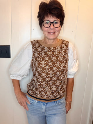 Erika Contrast Sleeve Crochet Top-TopsMocha Floral Crochet Contrast Sleeve Top | VerClare-Shop the Erika mocha contrast-sleeve top with floral crochet detailing and striped banded accents. True to size in S, M, and L.-VerClare Boutique