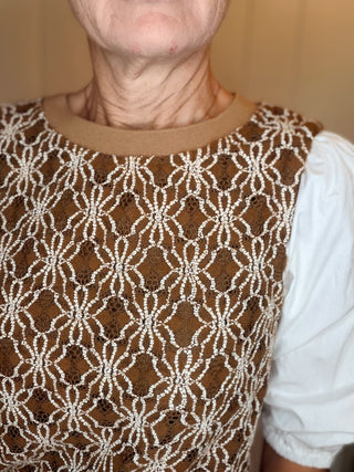 Erika Contrast Sleeve Crochet Top-TopsMocha Floral Crochet Contrast Sleeve Top | VerClare-Shop the Erika mocha contrast-sleeve top with floral crochet detailing and striped banded accents. True to size in S, M, and L.-VerClare Boutique