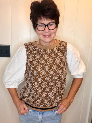 Erika Contrast Sleeve Crochet Top-TopsMocha Floral Crochet Contrast Sleeve Top | VerClare-Shop the Erika mocha contrast-sleeve top with floral crochet detailing and striped banded accents. True to size in S, M, and L.-VerClare Boutique