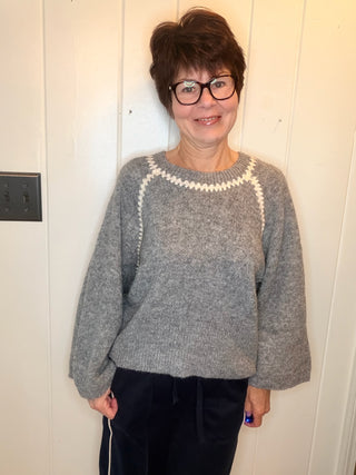 Charlotte Contrast Trim Sweater - Grey and Oatmeal-SweatersZigzag Trim Sweater Top | VerClare Boutique-Shop the relaxed-fit zigzag trim sweater top from VerClare Boutique, featuring a round neck, long sleeves, soft knit feel, and wool-blend fabric.-VerClare Boutique