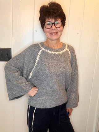 Charlotte Contrast Trim Sweater - Grey and Oatmeal-SweatersZigzag Trim Sweater Top | VerClare Boutique-Shop the relaxed-fit zigzag trim sweater top from VerClare Boutique, featuring a round neck, long sleeves, soft knit feel, and wool-blend fabric.-VerClare Boutique