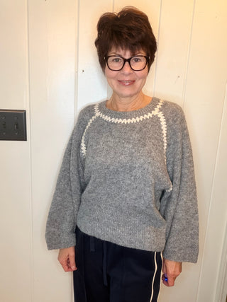 Charlotte Contrast Trim Sweater - Grey and Oatmeal-SweatersZigzag Trim Sweater Top | VerClare Boutique-Shop the relaxed-fit zigzag trim sweater top from VerClare Boutique, featuring a round neck, long sleeves, soft knit feel, and wool-blend fabric.-VerClare Boutique