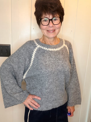 Charlotte Contrast Trim Sweater - Grey and Oatmeal-SweatersZigzag Trim Sweater Top | VerClare Boutique-Shop the relaxed-fit zigzag trim sweater top from VerClare Boutique, featuring a round neck, long sleeves, soft knit feel, and wool-blend fabric.-VerClare Boutique