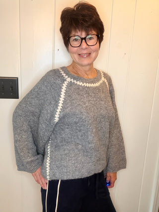 Charlotte Contrast Trim Sweater - Grey and Oatmeal-SweatersZigzag Trim Sweater Top | VerClare Boutique-Shop the relaxed-fit zigzag trim sweater top from VerClare Boutique, featuring a round neck, long sleeves, soft knit feel, and wool-blend fabric.-VerClare Boutique