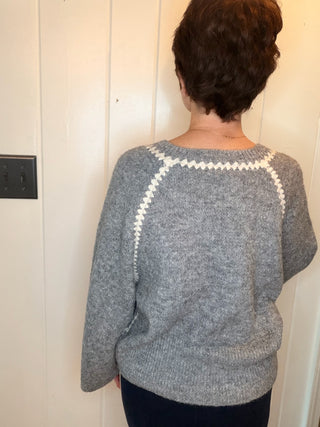Charlotte Contrast Trim Sweater - Grey and Oatmeal-SweatersZigzag Trim Sweater Top | VerClare Boutique-Shop the relaxed-fit zigzag trim sweater top from VerClare Boutique, featuring a round neck, long sleeves, soft knit feel, and wool-blend fabric.-VerClare Boutique