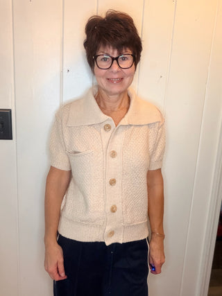 Libby Short Sleeve Collar Knit Sweater-SweatersCream Short Sleeve Collared Sweater | VerClare Boutique-Shop the Libby cream short-sleeve collared sweater in a versatile 100% acrylic knit. An easy polished style available in sizes S, M, and L.-VerClare Boutique