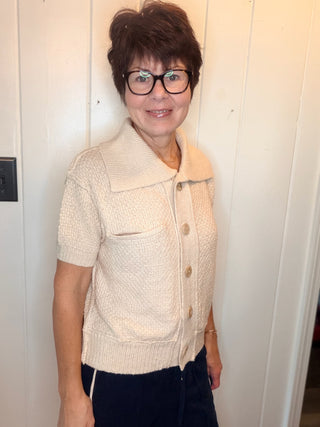 Libby Short Sleeve Collar Knit Sweater-SweatersCream Short Sleeve Collared Sweater | VerClare Boutique-Shop the Libby cream short-sleeve collared sweater in a versatile 100% acrylic knit. An easy polished style available in sizes S, M, and L.-VerClare Boutique