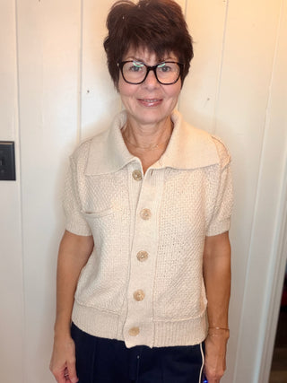 Libby Short Sleeve Collar Knit Sweater-SweatersCream Short Sleeve Collared Sweater | VerClare Boutique-Shop the Libby cream short-sleeve collared sweater in a versatile 100% acrylic knit. An easy polished style available in sizes S, M, and L.-VerClare Boutique