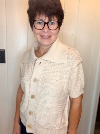 Libby Short Sleeve Collar Knit Sweater-SweatersCream Short Sleeve Collared Sweater | VerClare Boutique-Shop the Libby cream short-sleeve collared sweater in a versatile 100% acrylic knit. An easy polished style available in sizes S, M, and L.-VerClare Boutique