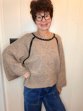 Charlotte Contrast Trim Sweater - Grey and Oatmeal-SweatersZigzag Trim Sweater Top | VerClare Boutique-Shop the relaxed-fit zigzag trim sweater top from VerClare Boutique, featuring a round neck, long sleeves, soft knit feel, and wool-blend fabric.-VerClare Boutique
