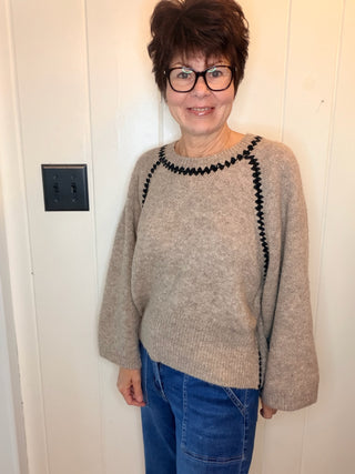 Charlotte Contrast Trim Sweater - Grey and Oatmeal-SweatersZigzag Trim Sweater Top | VerClare Boutique-Shop the relaxed-fit zigzag trim sweater top from VerClare Boutique, featuring a round neck, long sleeves, soft knit feel, and wool-blend fabric.-VerClare Boutique