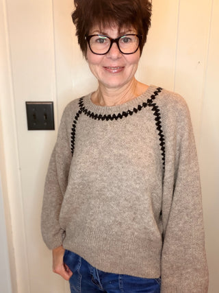 Charlotte Contrast Trim Sweater - Grey and Oatmeal-SweatersZigzag Trim Sweater Top | VerClare Boutique-Shop the relaxed-fit zigzag trim sweater top from VerClare Boutique, featuring a round neck, long sleeves, soft knit feel, and wool-blend fabric.-VerClare Boutique