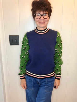 Frankie Pattern Sleeve Contrast Knit Sweater-SweatersNavy & Green Pattern Sleeve Knit Sweater | VerClare-Shop the Frankie navy and green knit sweater with patterned contrast sleeves and a soft viscose blend. Designed in the USA; sizes XS, S, M, and L.-VerClare Boutique