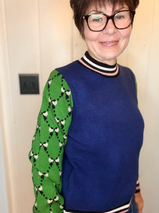Frankie Pattern Sleeve Contrast Knit Sweater-SweatersNavy & Green Pattern Sleeve Knit Sweater | VerClare-Shop the Frankie navy and green knit sweater with patterned contrast sleeves and a soft viscose blend. Designed in the USA; sizes XS, S, M, and L.-VerClare Boutique