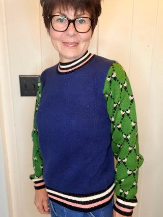 Frankie Pattern Sleeve Contrast Knit Sweater-SweatersNavy & Green Pattern Sleeve Knit Sweater | VerClare-Shop the Frankie navy and green knit sweater with patterned contrast sleeves and a soft viscose blend. Designed in the USA; sizes XS, S, M, and L.-VerClare Boutique