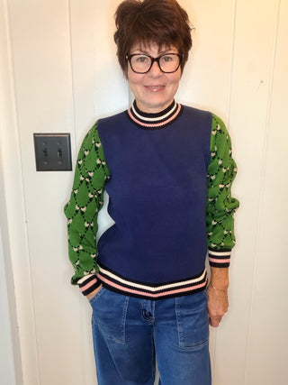 Frankie Pattern Sleeve Contrast Knit Sweater-SweatersNavy & Green Pattern Sleeve Knit Sweater | VerClare-Shop the Frankie navy and green knit sweater with patterned contrast sleeves and a soft viscose blend. Designed in the USA; sizes XS, S, M, and L.-VerClare Boutique