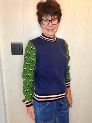 Frankie Pattern Sleeve Contrast Knit Sweater-SweatersNavy & Green Pattern Sleeve Knit Sweater | VerClare-Shop the Frankie navy and green knit sweater with patterned contrast sleeves and a soft viscose blend. Designed in the USA; sizes XS, S, M, and L.-VerClare Boutique