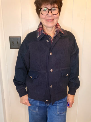 Allison Denim Knit Combo Jacket-Jackets & KimonosMixed-Media Denim Knit Jacket | VerClare Boutique-Shop the Allison mixed-media knit jacket with contrast woven panels, button front, and cropped relaxed fit. Available in sizes S, M, and L.-VerClare Boutique