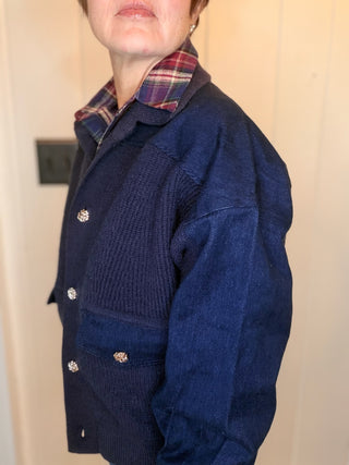 Allison Denim Knit Combo Jacket-Jackets & KimonosMixed-Media Denim Knit Jacket | VerClare Boutique-Shop the Allison mixed-media knit jacket with contrast woven panels, button front, and cropped relaxed fit. Available in sizes S, M, and L.-VerClare Boutique