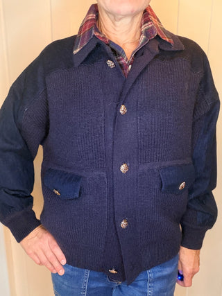 Allison Denim Knit Combo Jacket-Jackets & KimonosMixed-Media Denim Knit Jacket | VerClare Boutique-Shop the Allison mixed-media knit jacket with contrast woven panels, button front, and cropped relaxed fit. Available in sizes S, M, and L.-VerClare Boutique