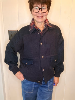 Allison Denim Knit Combo Jacket-Jackets & KimonosMixed-Media Denim Knit Jacket | VerClare Boutique-Shop the Allison mixed-media knit jacket with contrast woven panels, button front, and cropped relaxed fit. Available in sizes S, M, and L.-VerClare Boutique