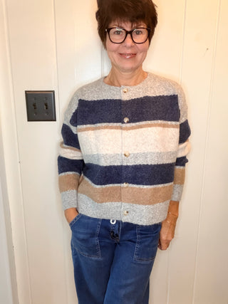 Sydney Navy Multi Cardigan-SweatersNavy Multicolor Striped Knit Cardigan | VerClare-Shop the Sydney striped cardigan in navy, cream, taupe, and gray. Button-front wool-blend knit available in sizes S, M, and L.-VerClare Boutique