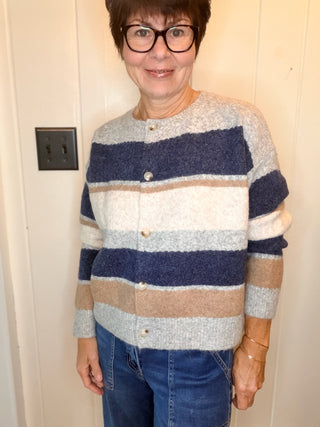 Sydney Navy Multi Cardigan-SweatersNavy Multicolor Striped Knit Cardigan | VerClare-Shop the Sydney striped cardigan in navy, cream, taupe, and gray. Button-front wool-blend knit available in sizes S, M, and L.-VerClare Boutique