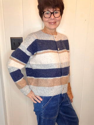 Sydney Navy Multi Cardigan-SweatersNavy Multicolor Striped Knit Cardigan | VerClare-Shop the Sydney striped cardigan in navy, cream, taupe, and gray. Button-front wool-blend knit available in sizes S, M, and L.-VerClare Boutique