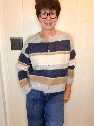 Sydney Navy Multi Cardigan-SweatersNavy Multicolor Striped Knit Cardigan | VerClare-Shop the Sydney striped cardigan in navy, cream, taupe, and gray. Button-front wool-blend knit available in sizes S, M, and L.-VerClare Boutique