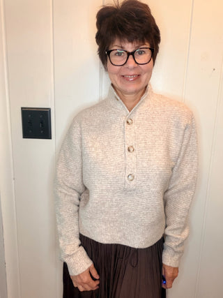 Jenny Mock Neck Sweater-SweatersMarled Knit Mock Neck Sweater | VerClare Boutique-Shop the marled knit mock neck sweater with a button placket, dropped shoulders, ribbed trim, and relaxed boxy fit. Available in sizes S–L.-VerClare Boutique