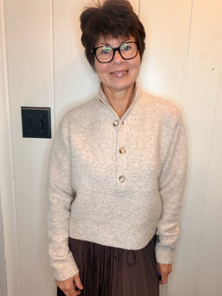 Jenny Mock Neck Sweater-SweatersMarled Knit Mock Neck Sweater | VerClare Boutique-Shop the marled knit mock neck sweater with a button placket, dropped shoulders, ribbed trim, and relaxed boxy fit. Available in sizes S–L.-VerClare Boutique
