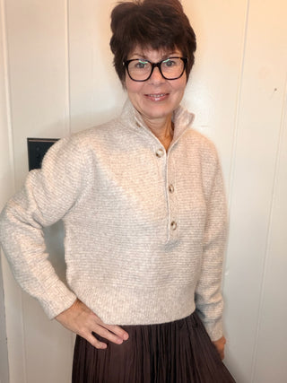 Jenny Mock Neck Sweater-SweatersMarled Knit Mock Neck Sweater | VerClare Boutique-Shop the marled knit mock neck sweater with a button placket, dropped shoulders, ribbed trim, and relaxed boxy fit. Available in sizes S–L.-VerClare Boutique