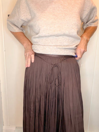 Sonja Washed Satin Crinkle Pleated Maxi Skirt-BottomsWashed Satin Crinkle Pleated Maxi Skirt | VerClare-Shop the Sonja washed satin maxi skirt in slate brown with crinkle pleats, fluid drape, and an adjustable waist. Available in S/M and M/L.-VerClare Boutique