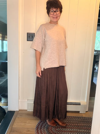 Sonja Washed Satin Crinkle Pleated Maxi Skirt-BottomsWashed Satin Crinkle Pleated Maxi Skirt | VerClare-Shop the Sonja washed satin maxi skirt in slate brown with crinkle pleats, fluid drape, and an adjustable waist. Available in S/M and M/L.-VerClare Boutique