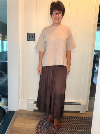 Sonja Washed Satin Crinkle Pleated Maxi Skirt-BottomsWashed Satin Crinkle Pleated Maxi Skirt | VerClare-Shop the Sonja washed satin maxi skirt in slate brown with crinkle pleats, fluid drape, and an adjustable waist. Available in S/M and M/L.-VerClare Boutique