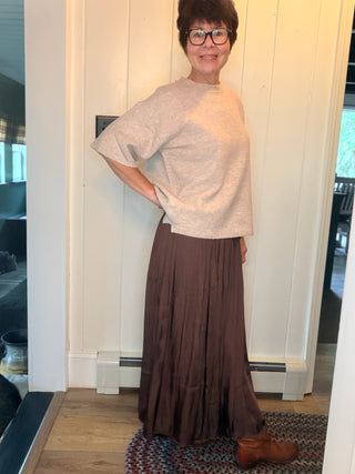 Sonja Washed Satin Crinkle Pleated Maxi Skirt-BottomsWashed Satin Crinkle Pleated Maxi Skirt | VerClare-Shop the Sonja washed satin maxi skirt in slate brown with crinkle pleats, fluid drape, and an adjustable waist. Available in S/M and M/L.-VerClare Boutique