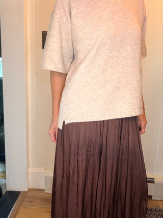 Sonja Washed Satin Crinkle Pleated Maxi Skirt-BottomsWashed Satin Crinkle Pleated Maxi Skirt | VerClare-Shop the Sonja washed satin maxi skirt in slate brown with crinkle pleats, fluid drape, and an adjustable waist. Available in S/M and M/L.-VerClare Boutique
