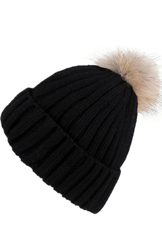 Black beanie with a fur pom-pom on a white background