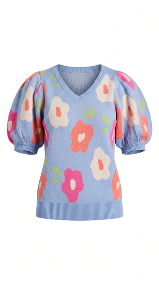 Zelie Floral Puff Sleeve Sweater - Lt Blue-SweatersZelie Floral Puff sleeve sweater - Lt Blue | VerClare Boutique | Jenison MI -Floral Puff Sleeve Sweater is a beautiful soft sweater knit V-neck sweater featuring a delicate floral pattern, feminine puff sleeves, and a flattering V-neckline. Free US shipping from VerClare Boutique.-VerClare Boutique