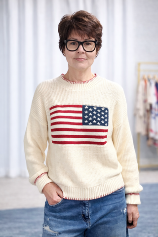 American Flag Sweater - White-SweatersAmerican Flag Sweater - White | VerClare Boutique | Jenison MI -Show your stripes — literally. The By Together American Flag Sweater in White is a fun, feel-good piece that brings a little patriotic spirit to your everyday wardrobe. Crafted in a soft knit with a classic American flag design, this sweater is casual enough for weekend wear but styled enough to make a statement. Free US shipping from VerClare Boutique on eligible orders.-VerClare Boutique