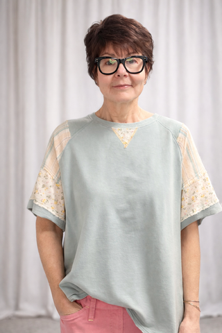 Daria French Terry Top - Lt. Blue-Tops CasualDaria French Terri Top - Lt. Blue | VerClare Boutique | Jenison MI -This French Terry Top is a beautiful soft mineral-washed French terry short-sleeve top featuring mixed print panel detailing, a classic round neckline, and an easy everyday silhouette. Free US shipping from VerClare Boutique.-VerClare Boutique
