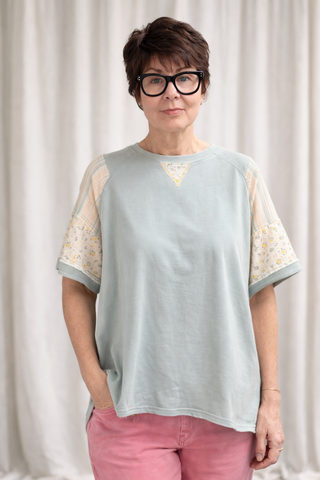 Daria French Terry Top - Lt. Blue-Tops CasualDaria French Terri Top - Lt. Blue | VerClare Boutique | Jenison MI -This French Terry Top is a beautiful soft mineral-washed French terry short-sleeve top featuring mixed print panel detailing, a classic round neckline, and an easy everyday silhouette. Free US shipping from VerClare Boutique.-VerClare Boutique