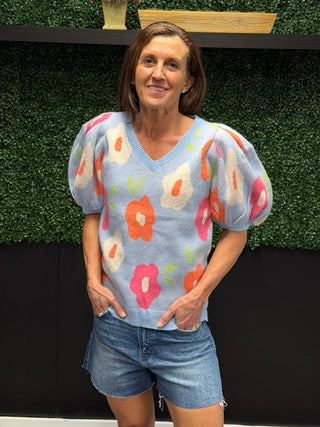 Zelie Floral Puff Sleeve Sweater - Lt Blue-SweatersBelle Stripe Soft Brushed Top – Denim Blue Combo | VerClare Boutique | Chenoa, IL-Soft brushed striped top in a denim blue combo with a relaxed, cozy feel. Easy everyday layering piece with timeless style. Free US shipping from VerClare Boutique.-VerClare Boutique