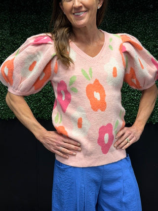 Zelie Floral Puff Sleeve Sweater - Blush-SweatersBelle Stripe Soft Brushed Top – Denim Blue Combo | VerClare Boutique | Chenoa, IL-Soft brushed striped top in a denim blue combo with a relaxed, cozy feel. Easy everyday layering piece with timeless style. Free US shipping from VerClare Boutique.-VerClare Boutique