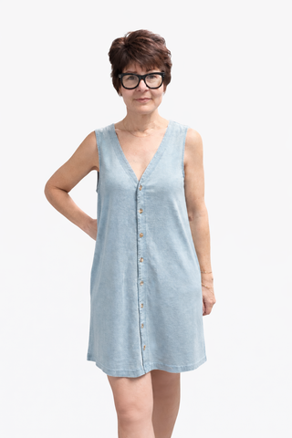Solace Denim Mini Dress - Ocean Air Indigo-Dresses & RompersSolace Denim Mini Dress - Ocean Air Indigo | VerClare Boutique | Jenison MI -The Z Supply Solace Denim Mini Dress is a beautiful cotton knit jersey sleeveless mini dress featuring a flattering V-neckline, a button-front design, and an easy, everyday silhouette. Free US shipping on eligible orders. -VerClare Boutique