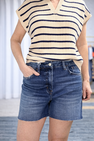 Jaycee High Rise Raw Hem Shorts - Lake Of Fire-BottomsJaycee High Rise Raw Hem Shorts - Lake of Fire | VerClare Boutique | Jenison MI -The VERVET Jaycee High Rise Raw Hem Shorts are a beautiful comfort stretch denim high-rise short featuring a clean cut raw hem, a classic 5-pocket design, and a sleek dark wash finish. Free US shipping from VerClare Boutique on eligible orders.-VerClare Boutique